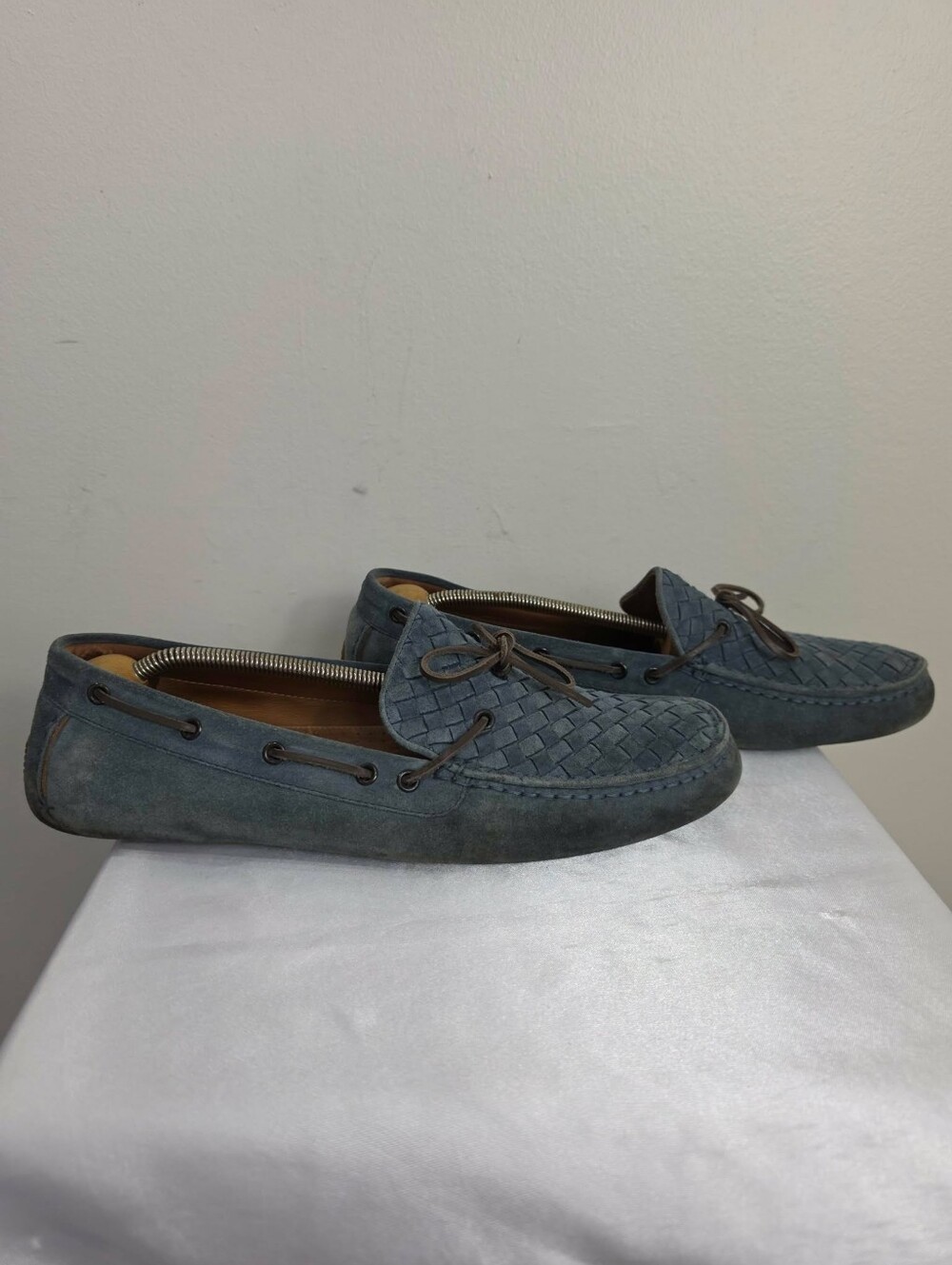 Bottega Veneta Blue Woven Suede Driving Loafers